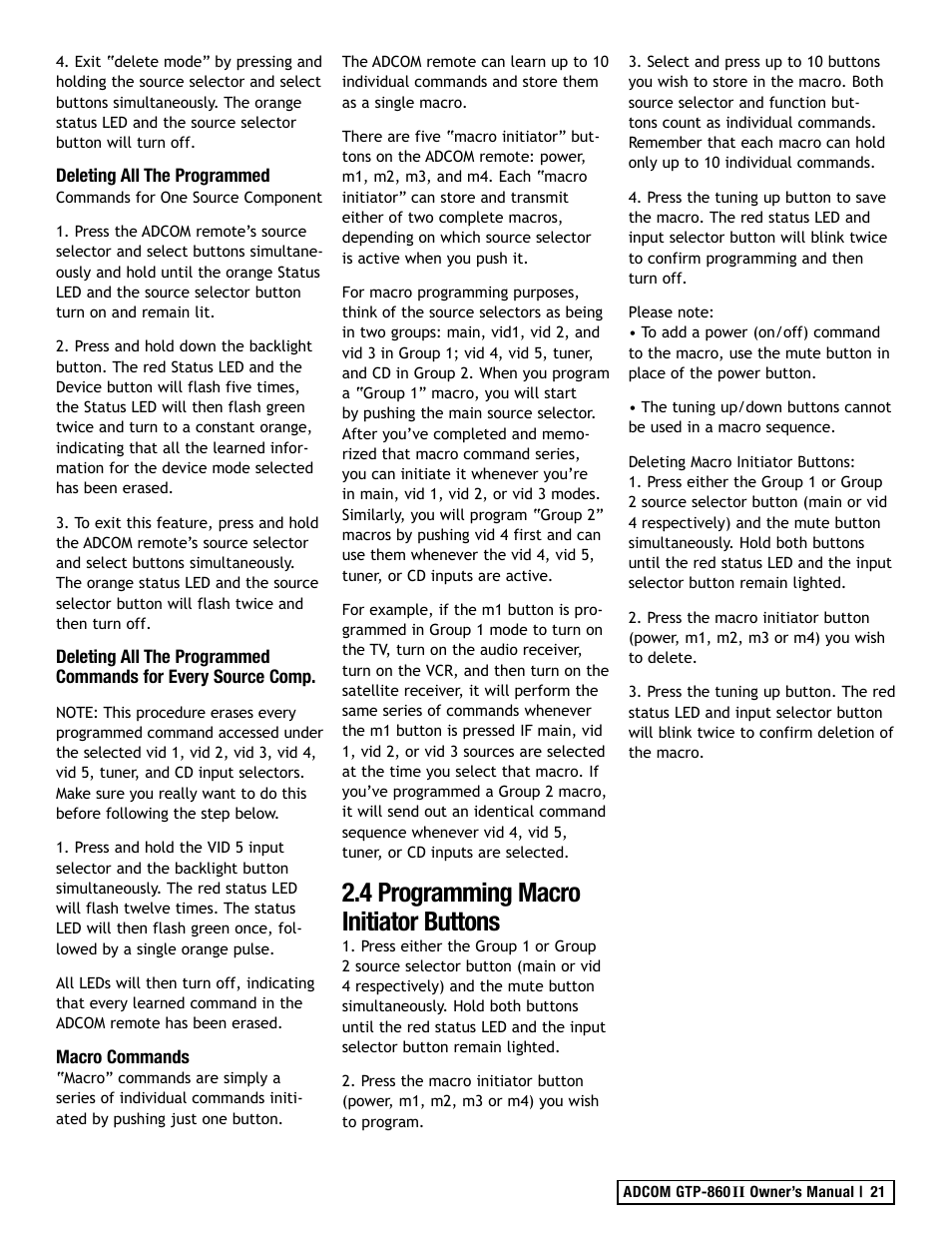 4 programming macro initiator buttons | Adcom GTP-860II User Manual | Page 21 / 32