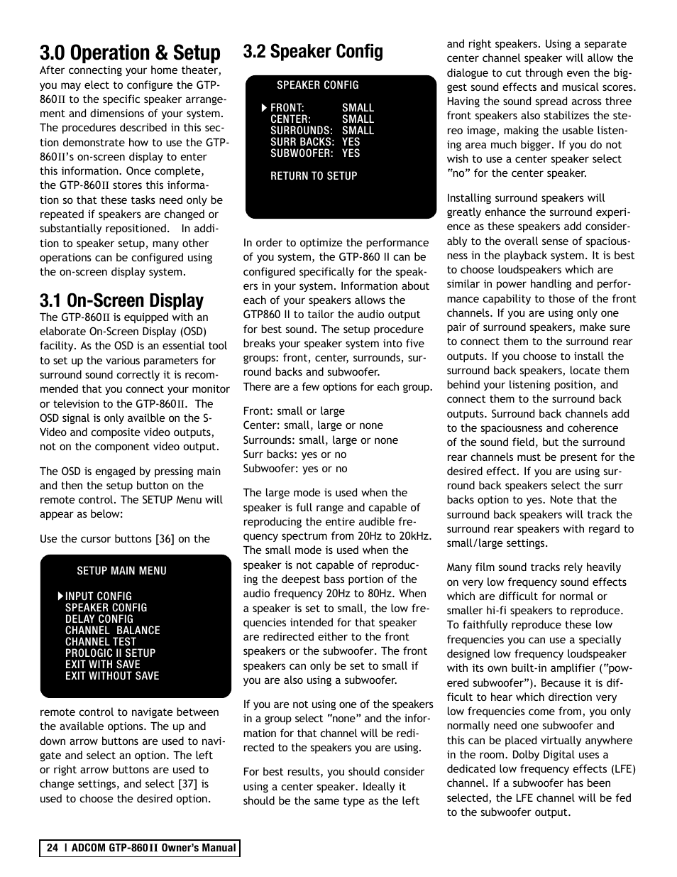0 operation & setup, 1 on-screen display, 2 speaker config | Adcom GTP-860II User Manual | Page 24 / 32