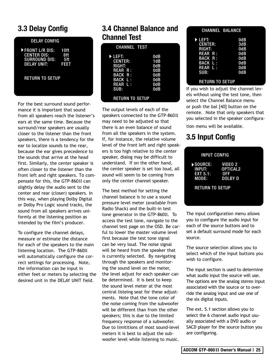 3 delay config, 4 channel balance and channel test, 5 input config | Adcom GTP-860II User Manual | Page 25 / 32