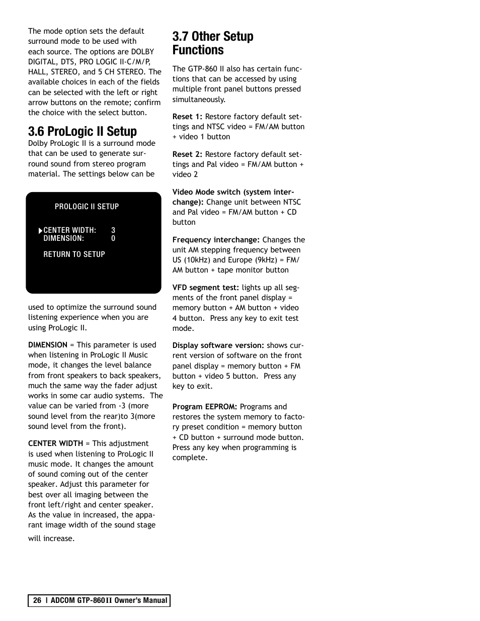 6 prologic ii setup, 7 other setup functions | Adcom GTP-860II User Manual | Page 26 / 32