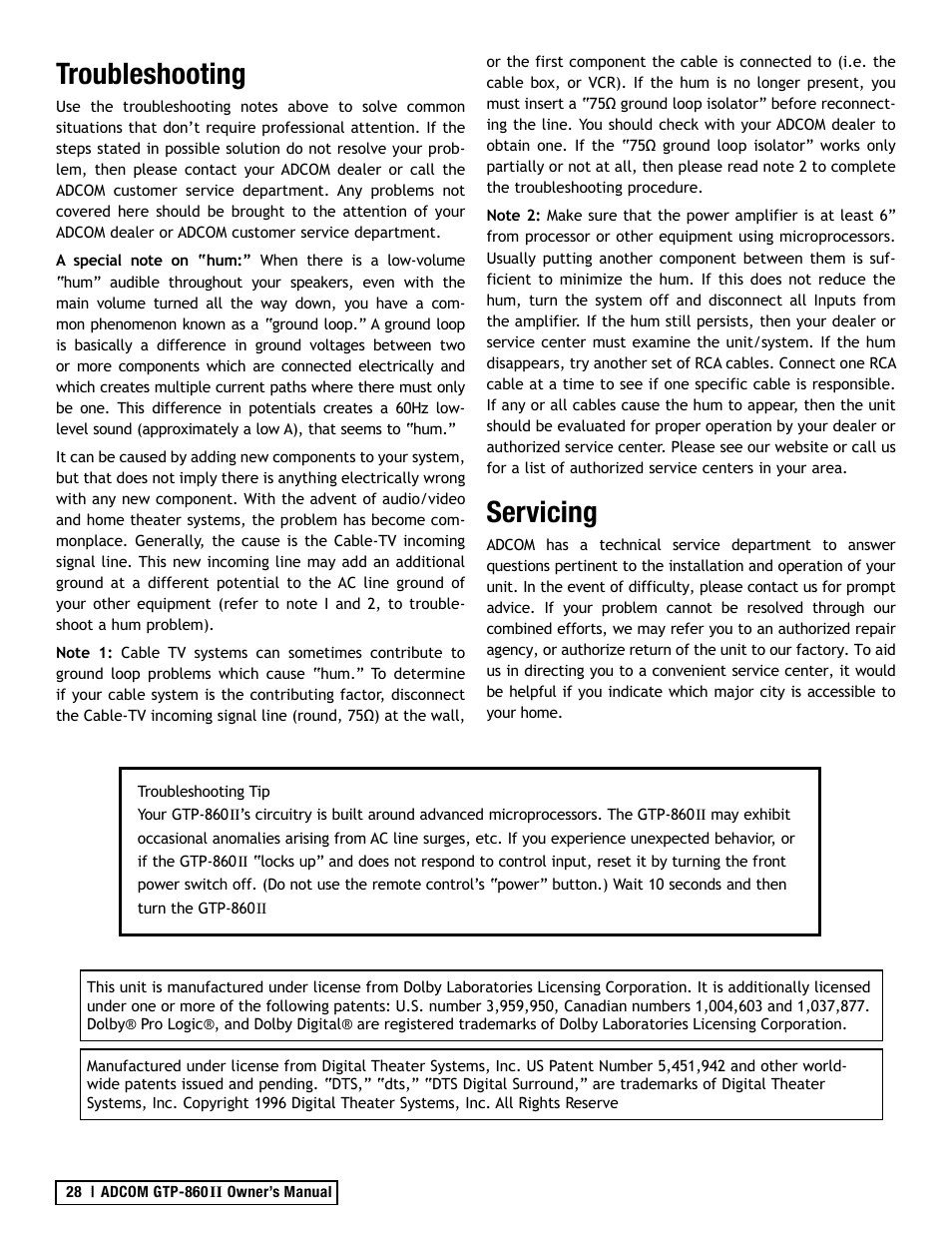 Troubleshooting, Servicing | Adcom GTP-860II User Manual | Page 28 / 32