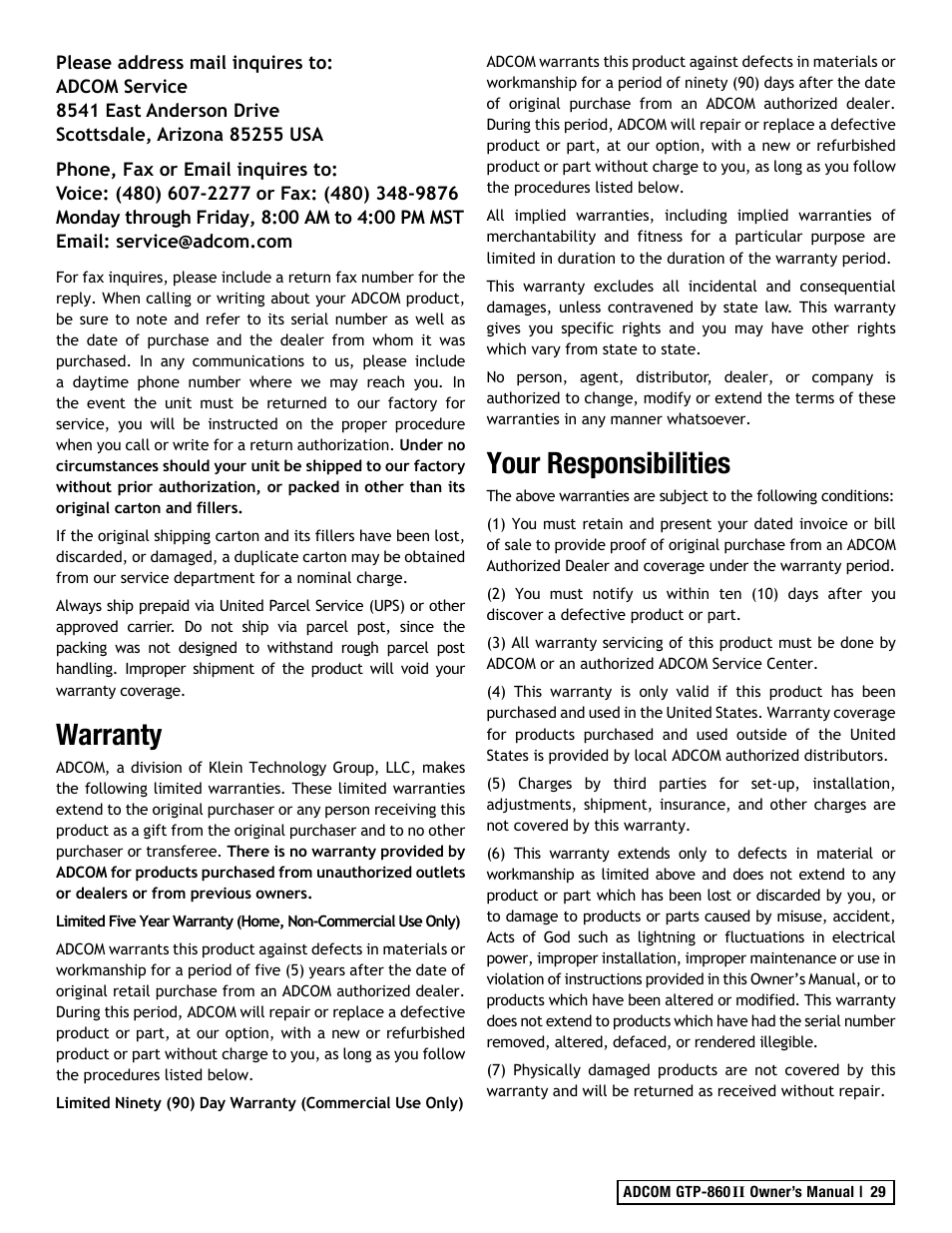 Warranty, Your responsibilities | Adcom GTP-860II User Manual | Page 29 / 32