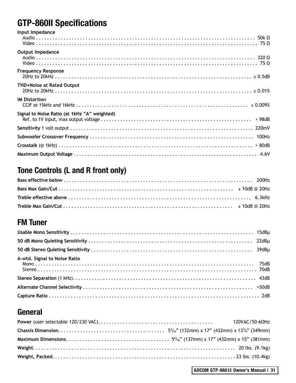 Gtp-860ii specifications, Tone controls (l and r front only), Fm tuner | General | Adcom GTP-860II User Manual | Page 31 / 32