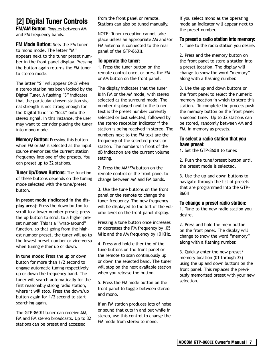 2] digital tuner controls | Adcom GTP-860II User Manual | Page 7 / 32