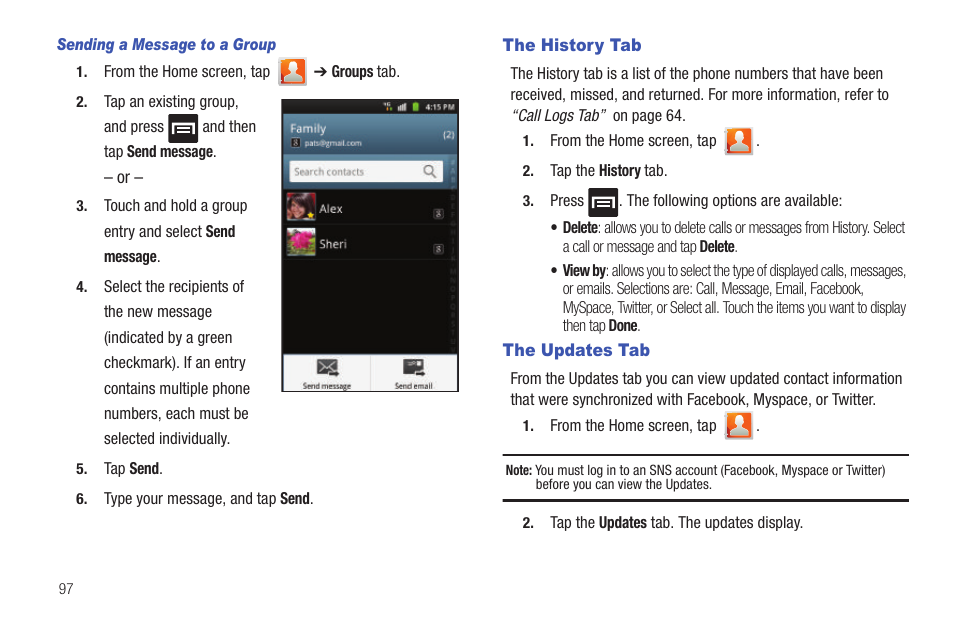 The history tab, The updates tab, The history tab the updates tab | Samsung SGH-T759ZPBTMB User Manual | Page 102 / 259