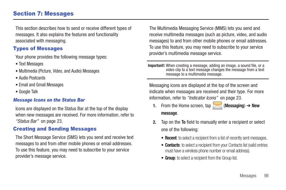 Section 7: messages, Types of messages, Creating and sending messages | Types of messages creating and sending messages | Samsung SGH-T759ZPBTMB User Manual | Page 103 / 259