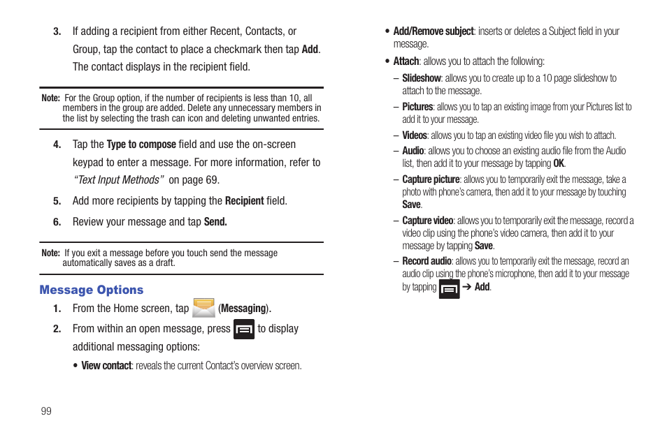 Message options | Samsung SGH-T759ZPBTMB User Manual | Page 104 / 259