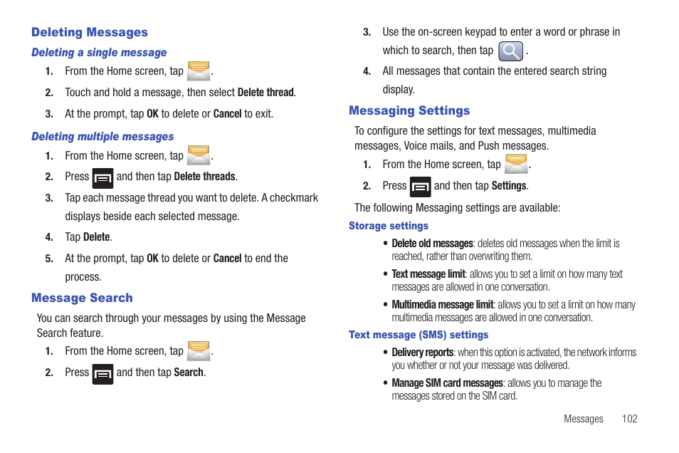 Deleting messages, Message search, Messaging settings | Deleting messages message search | Samsung SGH-T759ZPBTMB User Manual | Page 107 / 259