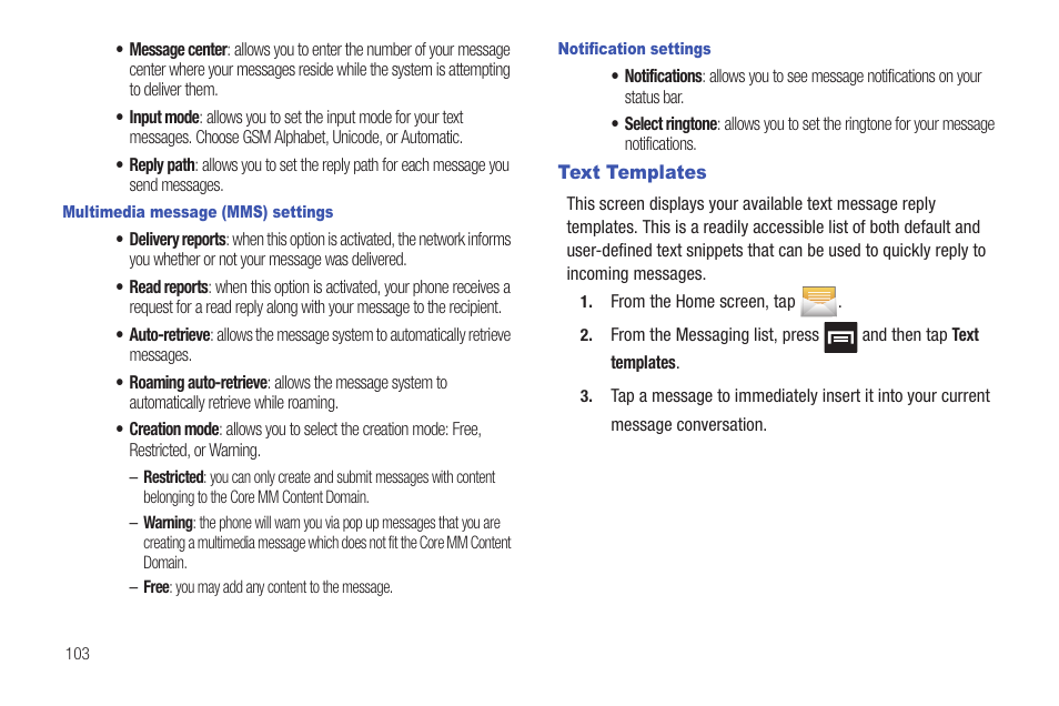 Text templates | Samsung SGH-T759ZPBTMB User Manual | Page 108 / 259