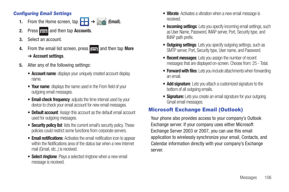 Microsoft exchange email (outlook) | Samsung SGH-T759ZPBTMB User Manual | Page 111 / 259