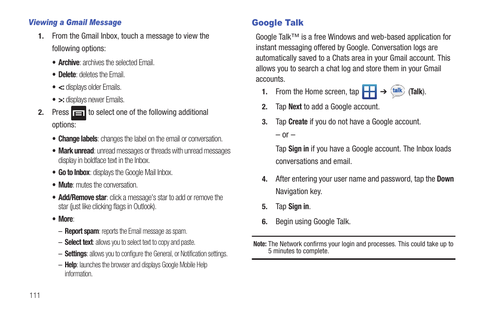 Google talk | Samsung SGH-T759ZPBTMB User Manual | Page 116 / 259