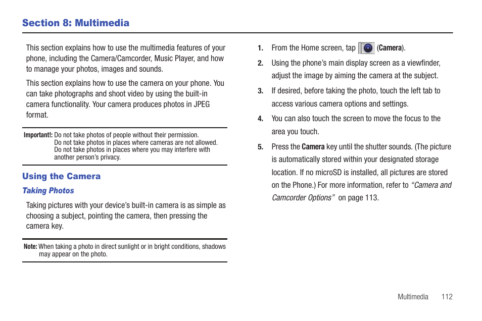 Section 8: multimedia, Using the camera | Samsung SGH-T759ZPBTMB User Manual | Page 117 / 259