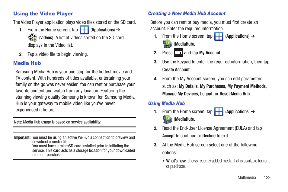 Using the video player, Media hub, Using the video player media hub | Samsung SGH-T759ZPBTMB User Manual | Page 127 / 259