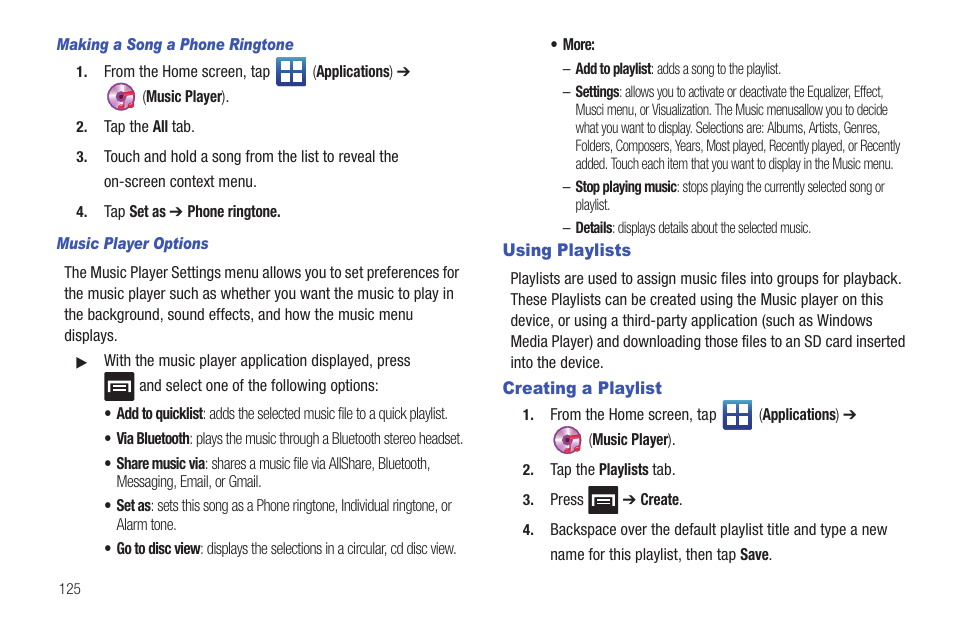 Using playlists, Creating a playlist, Using playlists creating a playlist | Samsung SGH-T759ZPBTMB User Manual | Page 130 / 259