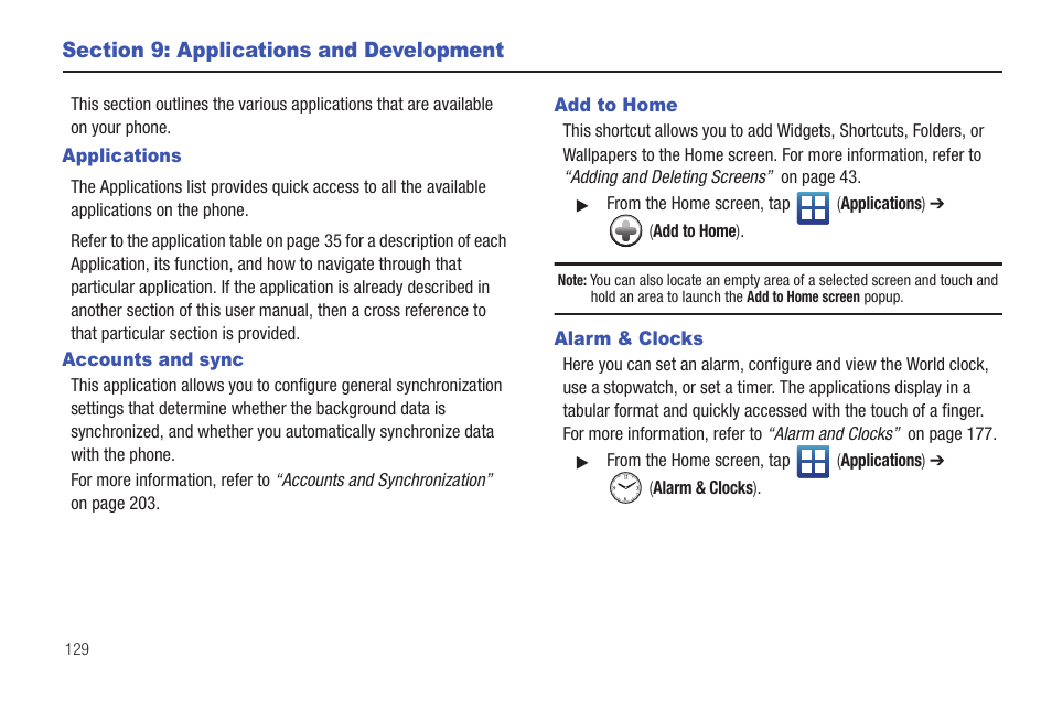 Section 9: applications and development, Applications, Accounts and sync | Add to home, Alarm & clocks | Samsung SGH-T759ZPBTMB User Manual | Page 134 / 259