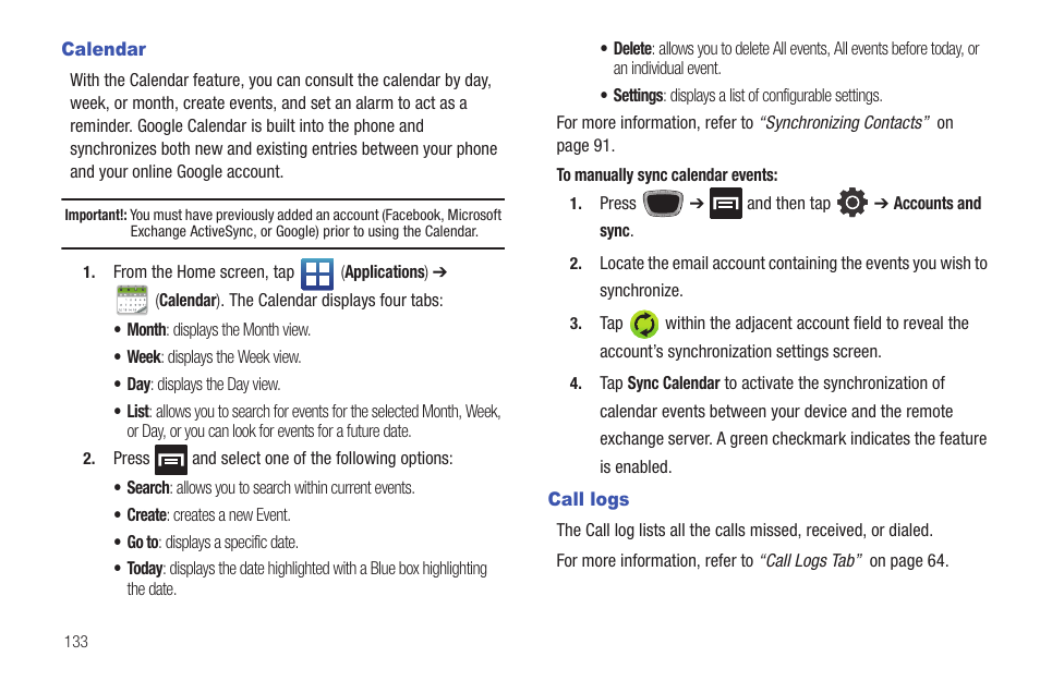 Calendar, Call logs, Calendar call logs | Samsung SGH-T759ZPBTMB User Manual | Page 138 / 259