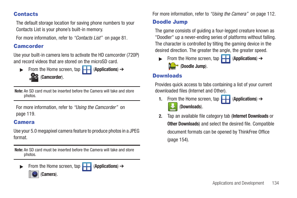 Contacts, Camcorder, Camera | Doodle jump, Downloads, Contacts camcorder camera doodle jump downloads | Samsung SGH-T759ZPBTMB User Manual | Page 139 / 259