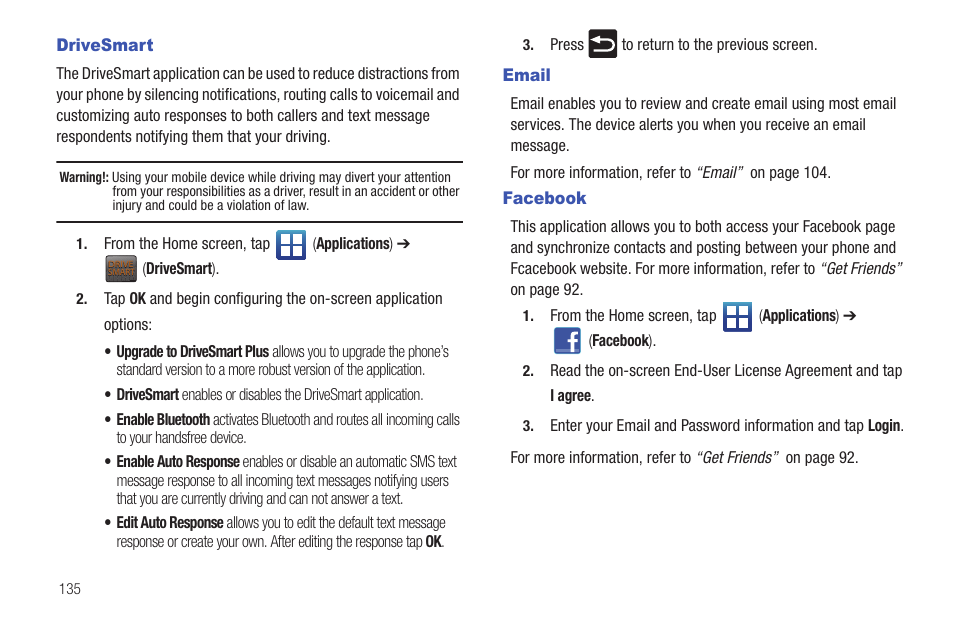 Drivesmart, Email, Facebook | Drivesmart email facebook | Samsung SGH-T759ZPBTMB User Manual | Page 140 / 259