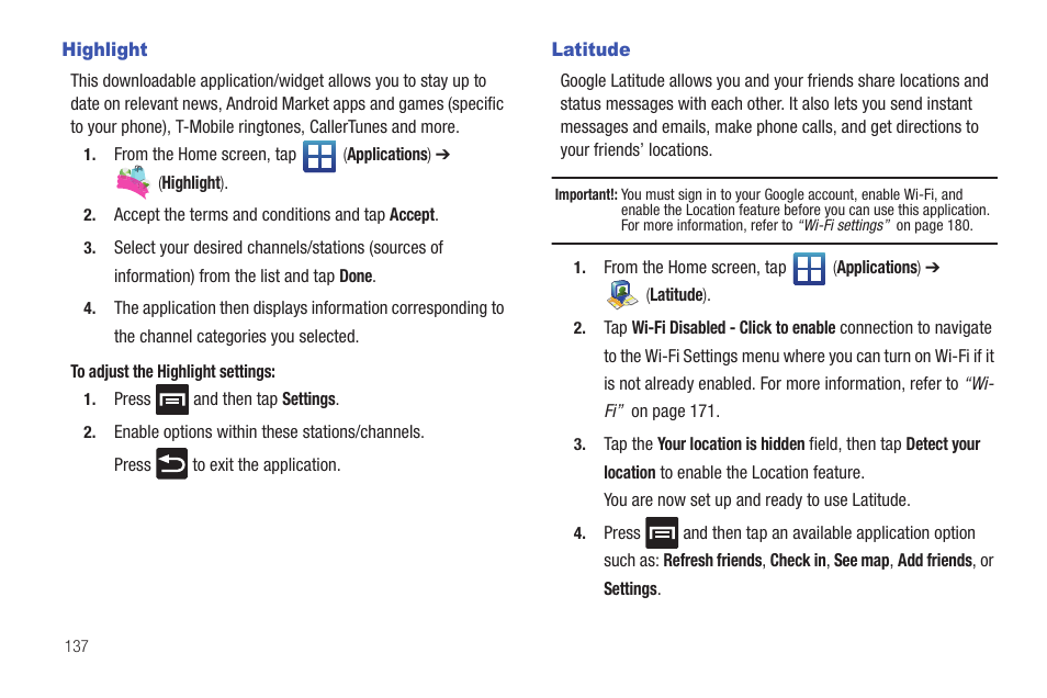 Highlight, Latitude, Highlight latitude | Samsung SGH-T759ZPBTMB User Manual | Page 142 / 259