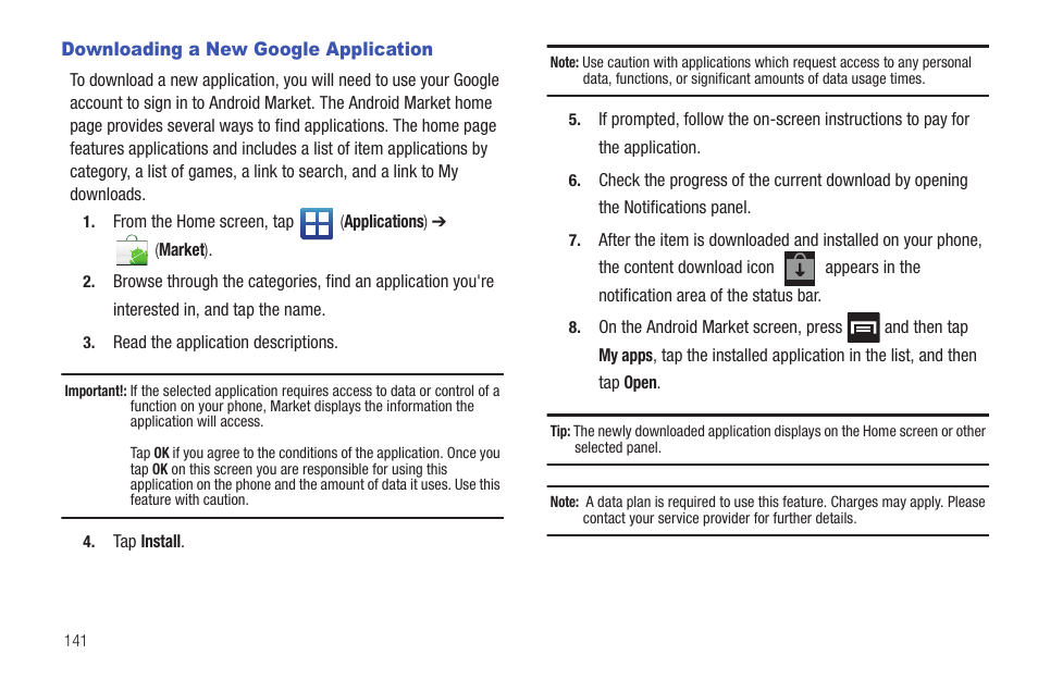 Downloading a new google application | Samsung SGH-T759ZPBTMB User Manual | Page 146 / 259