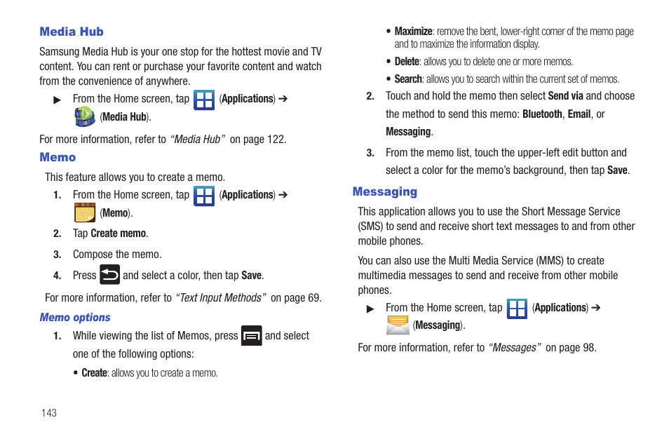 Media hub, Memo, Messaging | Media hub memo | Samsung SGH-T759ZPBTMB User Manual | Page 148 / 259