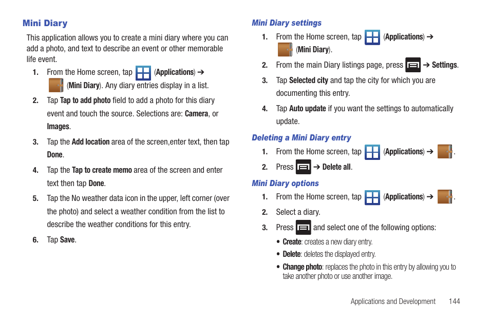 Mini diary | Samsung SGH-T759ZPBTMB User Manual | Page 149 / 259