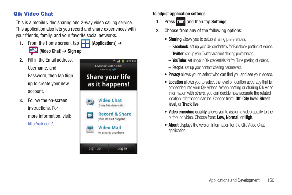 Qik video chat | Samsung SGH-T759ZPBTMB User Manual | Page 155 / 259