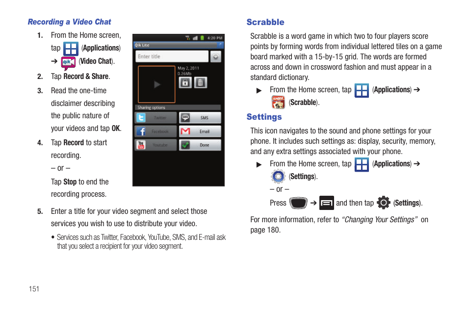 Scrabble, Settings, Scrabble settings | Samsung SGH-T759ZPBTMB User Manual | Page 156 / 259