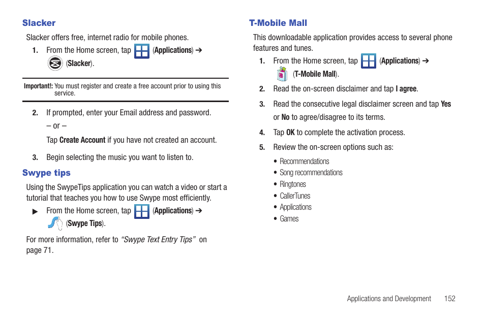 Slacker, Swype tips, T-mobile mall | Slacker swype tips t-mobile mall | Samsung SGH-T759ZPBTMB User Manual | Page 157 / 259