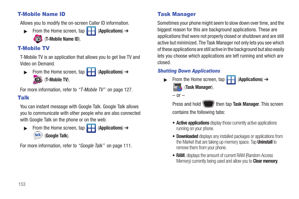 T-mobile name id, T-mobile tv, Talk | Task manager, T-mobile name id t-mobile tv talk task manager | Samsung SGH-T759ZPBTMB User Manual | Page 158 / 259