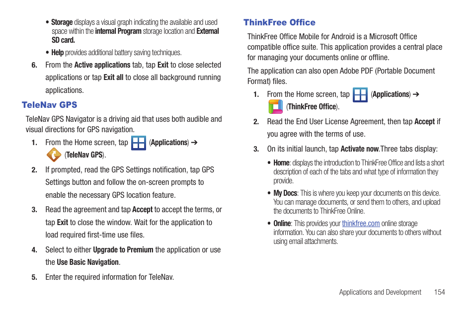 Telenav gps, Thinkfree office, Telenav gps thinkfree office | Samsung SGH-T759ZPBTMB User Manual | Page 159 / 259