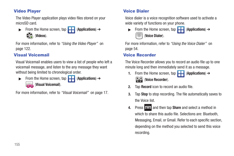 Video player, Visual voicemail, Voice dialer | Voice recorder | Samsung SGH-T759ZPBTMB User Manual | Page 160 / 259