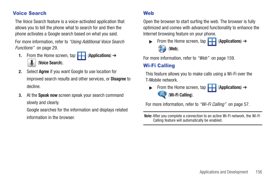 Voice search, Wi-fi calling, Voice search web wi-fi calling | Samsung SGH-T759ZPBTMB User Manual | Page 161 / 259