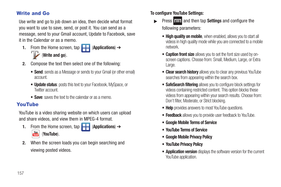 Write and go, Youtube | Samsung SGH-T759ZPBTMB User Manual | Page 162 / 259