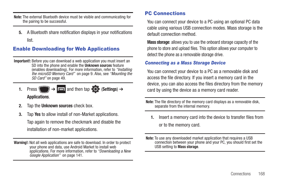 Enable downloading for web applications, Pc connections | Samsung SGH-T759ZPBTMB User Manual | Page 173 / 259