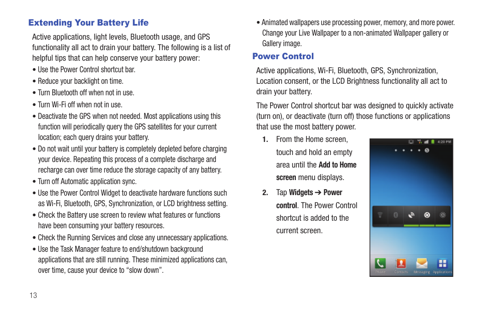 Extending your battery life, Power control, Extending your battery life power control | Samsung SGH-T759ZPBTMB User Manual | Page 18 / 259