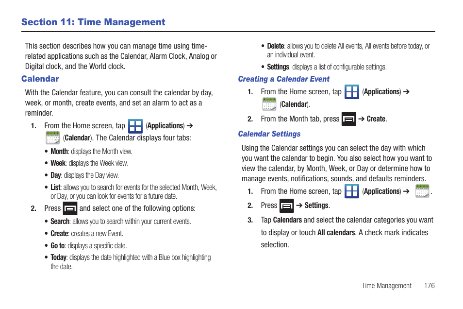 Section 11: time management, Calendar | Samsung SGH-T759ZPBTMB User Manual | Page 181 / 259