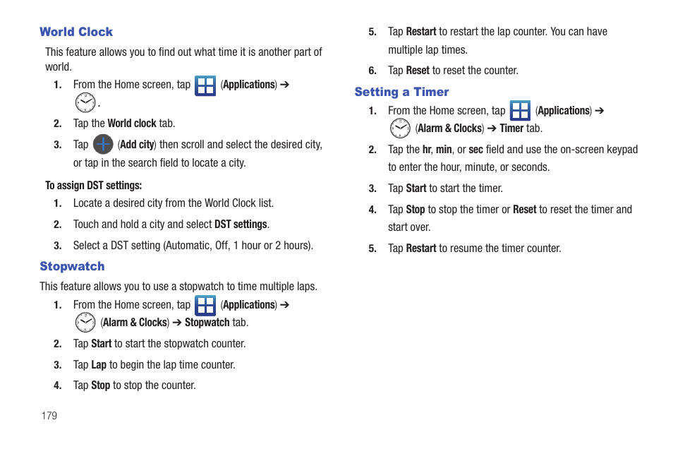 World clock, Stopwatch, Setting a timer | World clock stopwatch setting a timer | Samsung SGH-T759ZPBTMB User Manual | Page 184 / 259