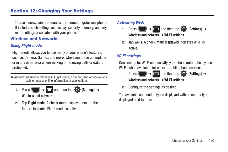 Section 12: changing your settings, Wireless and networks | Samsung SGH-T759ZPBTMB User Manual | Page 185 / 259