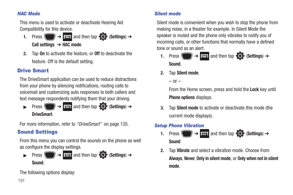 Drive smart, Sound settings, Drive smart sound settings | Samsung SGH-T759ZPBTMB User Manual | Page 196 / 259