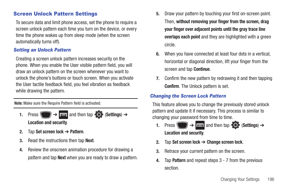 Screen unlock pattern settings | Samsung SGH-T759ZPBTMB User Manual | Page 201 / 259