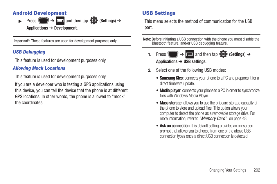 Android development, Usb settings, Android development usb settings | Samsung SGH-T759ZPBTMB User Manual | Page 207 / 259