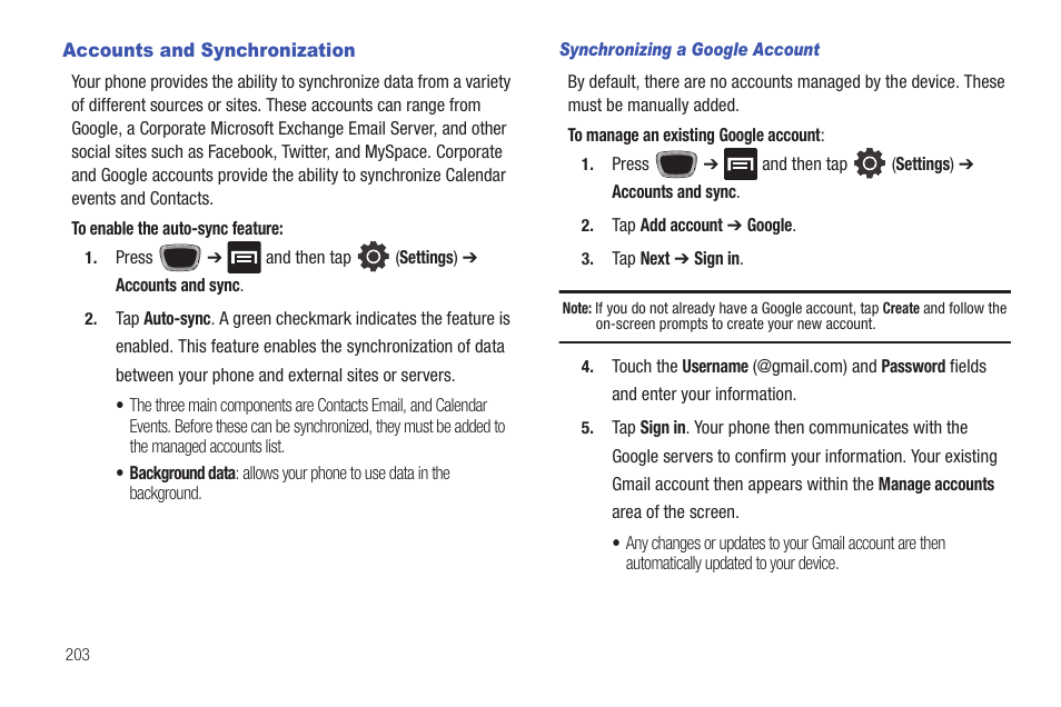 Accounts and synchronization | Samsung SGH-T759ZPBTMB User Manual | Page 208 / 259