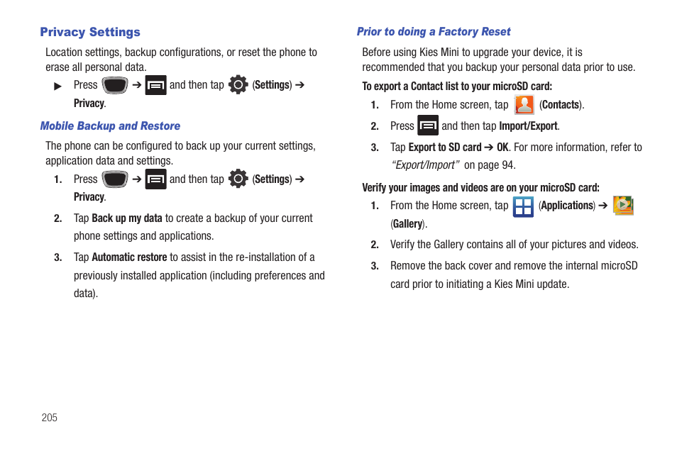 Privacy settings | Samsung SGH-T759ZPBTMB User Manual | Page 210 / 259