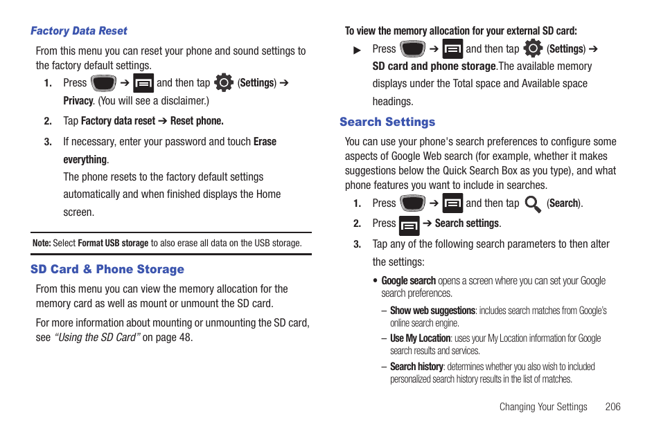 Sd card & phone storage, Search settings, Sd card & phone storage search settings | Samsung SGH-T759ZPBTMB User Manual | Page 211 / 259