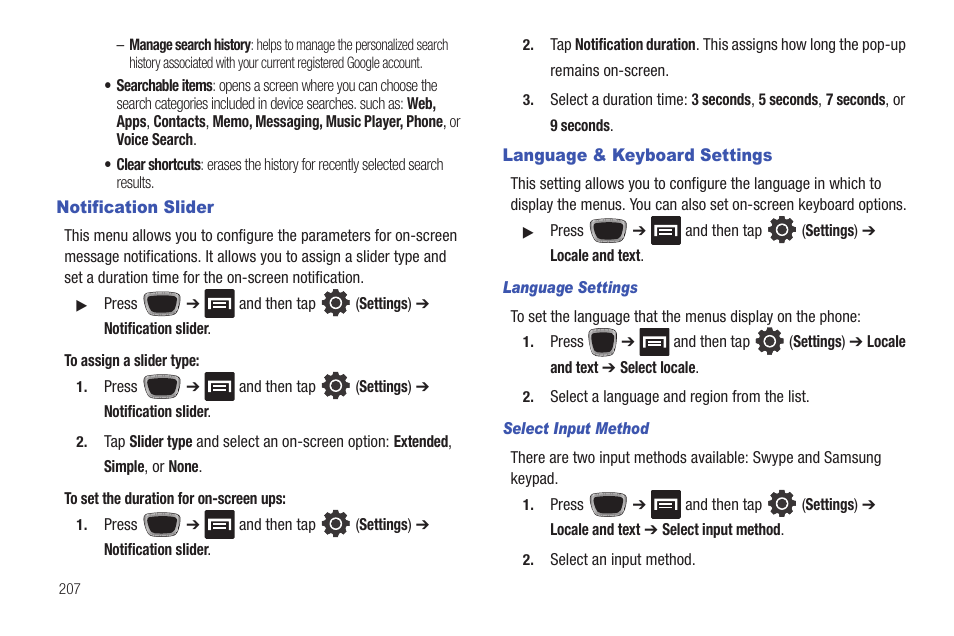 Notification slider, Language & keyboard settings, Notification slider language & keyboard settings | Samsung SGH-T759ZPBTMB User Manual | Page 212 / 259
