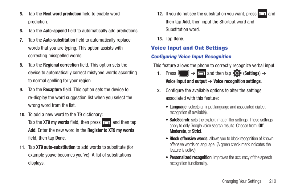 Voice input and out settings | Samsung SGH-T759ZPBTMB User Manual | Page 215 / 259