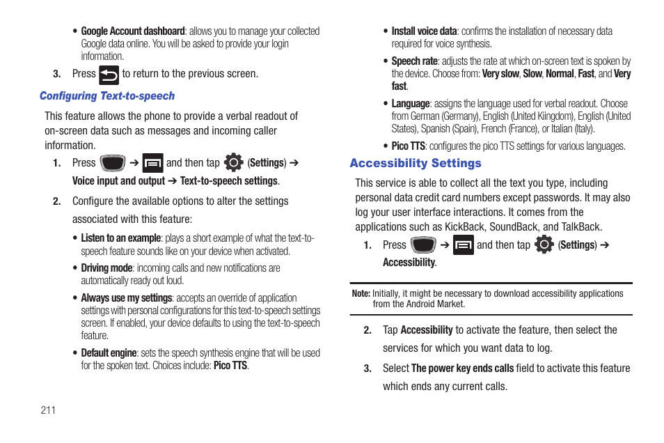 Accessibility settings | Samsung SGH-T759ZPBTMB User Manual | Page 216 / 259