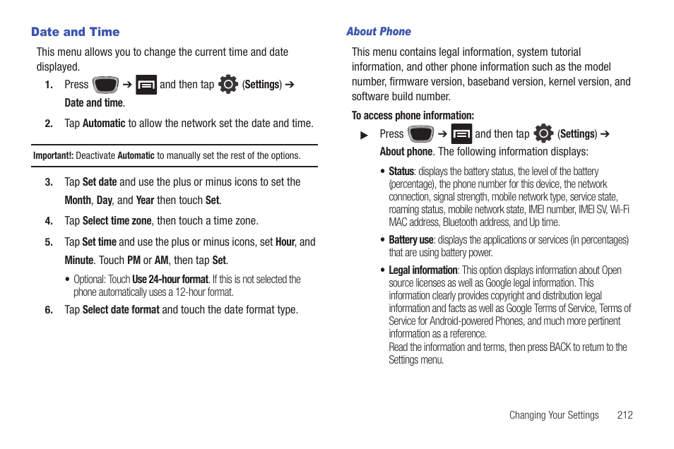 Date and time | Samsung SGH-T759ZPBTMB User Manual | Page 217 / 259