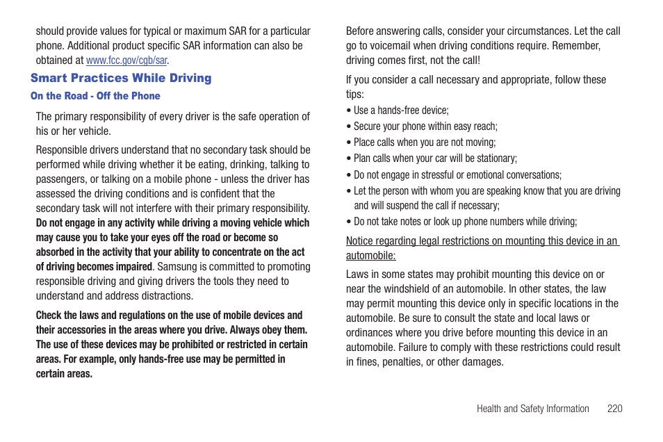 Smart practices while driving | Samsung SGH-T759ZPBTMB User Manual | Page 225 / 259